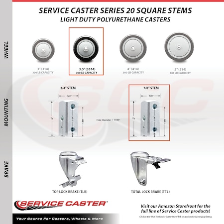 Service Caster 3.5 Inch Black Polyurethane Wheel Swivel 7/8 Inch Square Stem Caster SCC SCC-SQ20S3514-PPUB-BLK-78